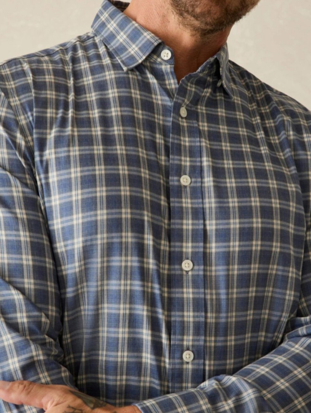 Faherty Brand A Guarantee Of Quality Chambray Bear Canyon Plaid Blue & White EUC